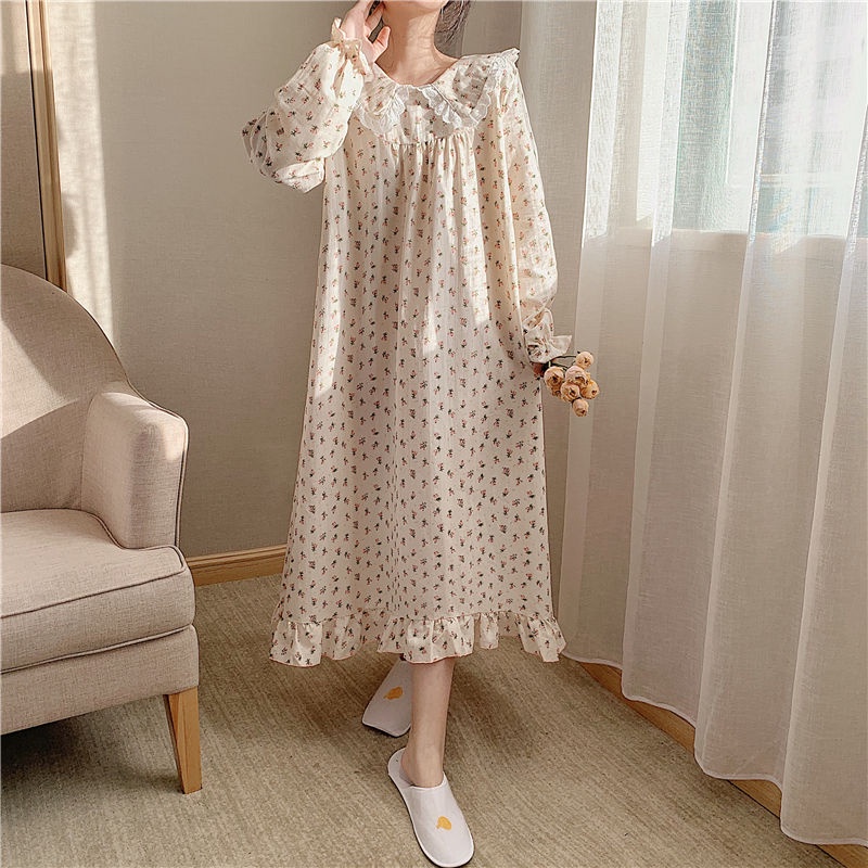 Đầm ngủ tay dài cổ búp bê phong cách công chúa thời trang cho nữ