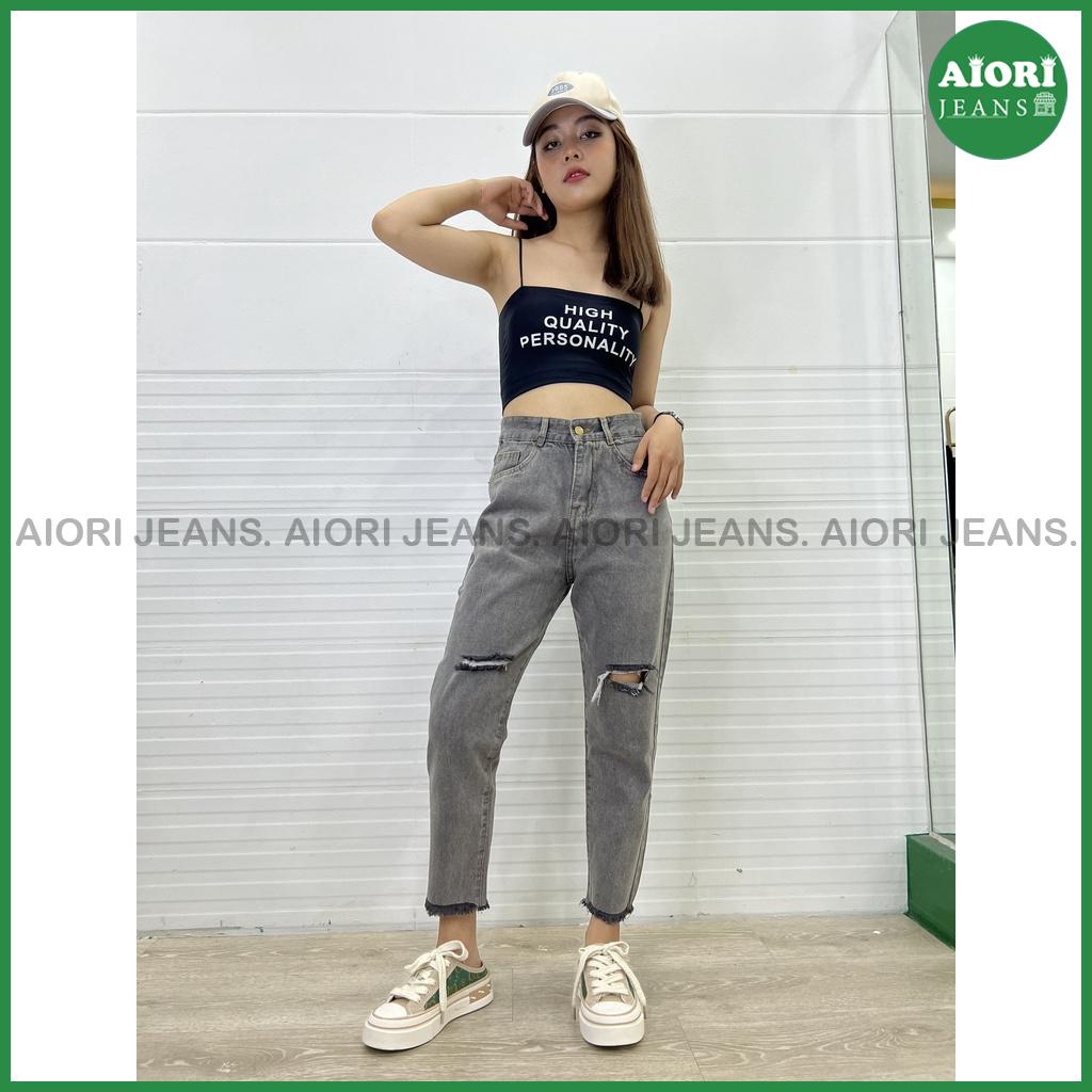 Quần Baggy Aiori Xám Lai Tua Lưng Cao Trơn ,Rách Ngang Gối Phong Cách Thời Trang Mã B025