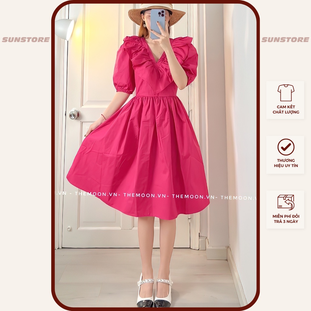 Đầm xoè tay ngắn phồng màu hồng hot trend