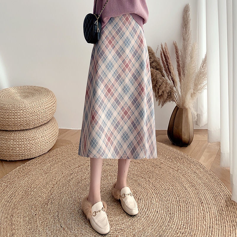 Plus Chân Váy Dài Qua Gối Dáng Chữ A Lưng Cao Họa Tiết Sọc Caro Thời Trang Thu Đông Cho Nữ