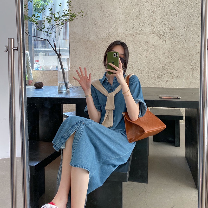 Đầm sơ mi denim tay ngắn dáng rộng phong cách Hàn Quốc thời trang cho nữ