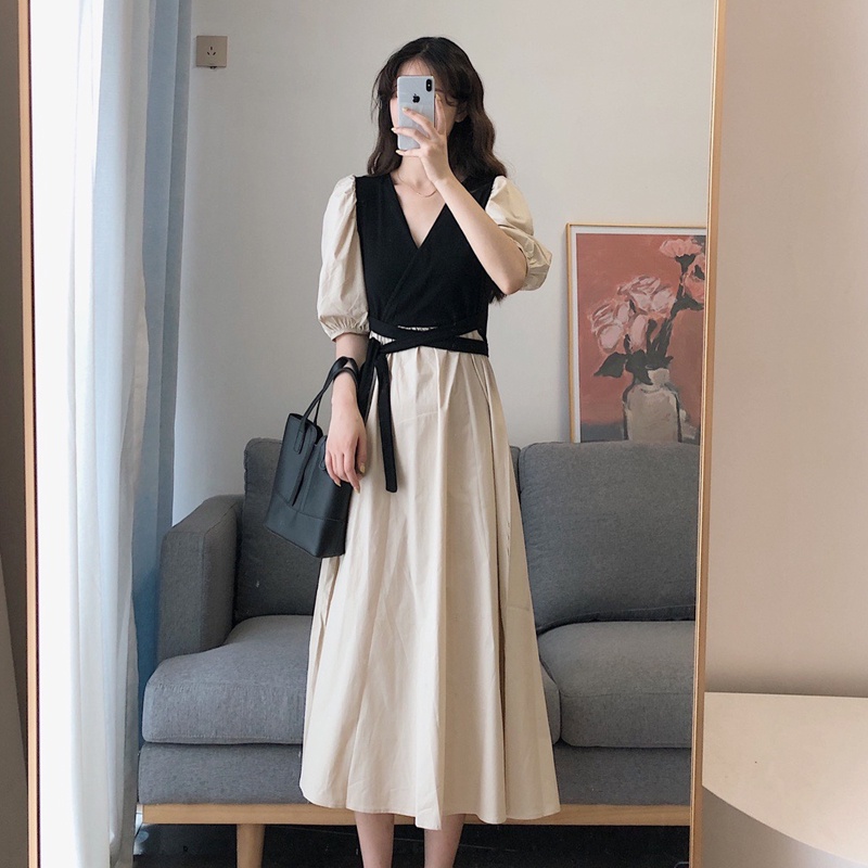Váy Suông Tay Bồng Form Rộng Cột Nơ Lưng - Đầm Maxi Cổ Tim Basic Ulzzang