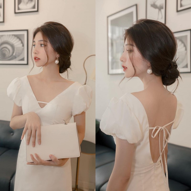 ☃♕▽(HÌNH THẬT) Đầm Maxi Tay Con Phồng Hở Lưng thắt Dây Sang Trọng