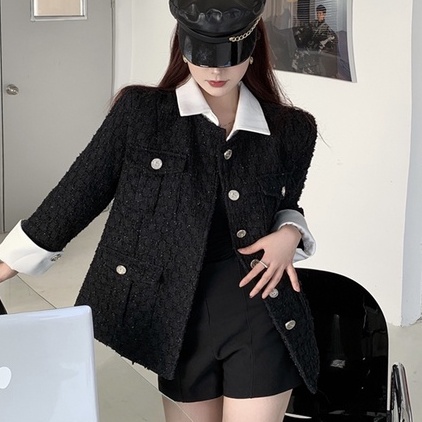 Áo khoác tweed đen dáng sơ mi cổ trắng sang chảnh siu đẹp