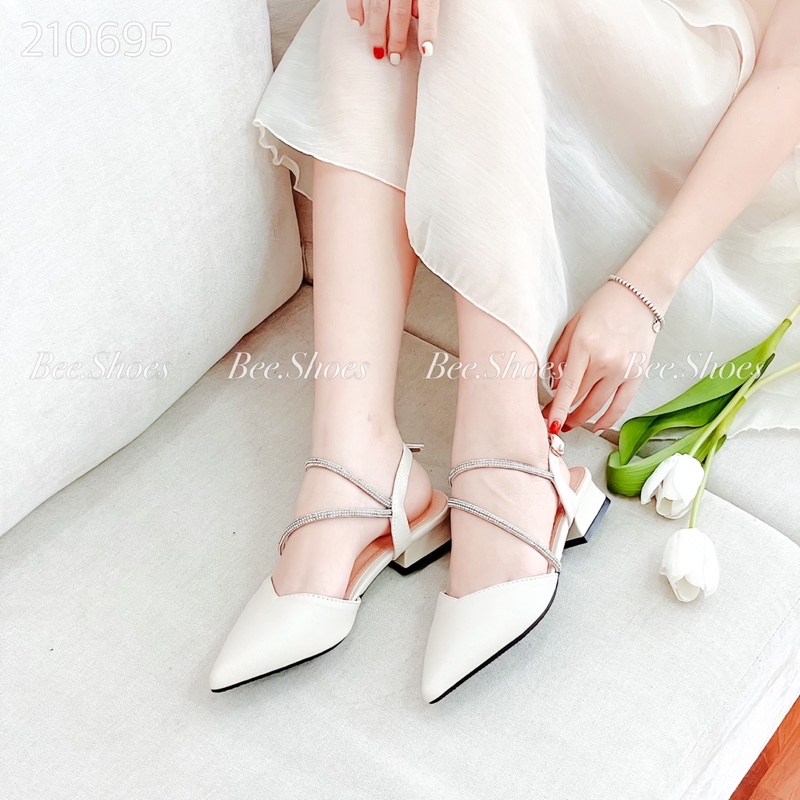 BEESHOES- GIÀY CAO GÓT MŨI NGỌN ĐẾ TRỤ CAO 5 PHÂN - GIÀY CAO GÓT DA MỀM DỄ ĐI ÊM CHÂN DÂY QUAI ĐÁ SẴN MÀU ĐEN -KEM 21069