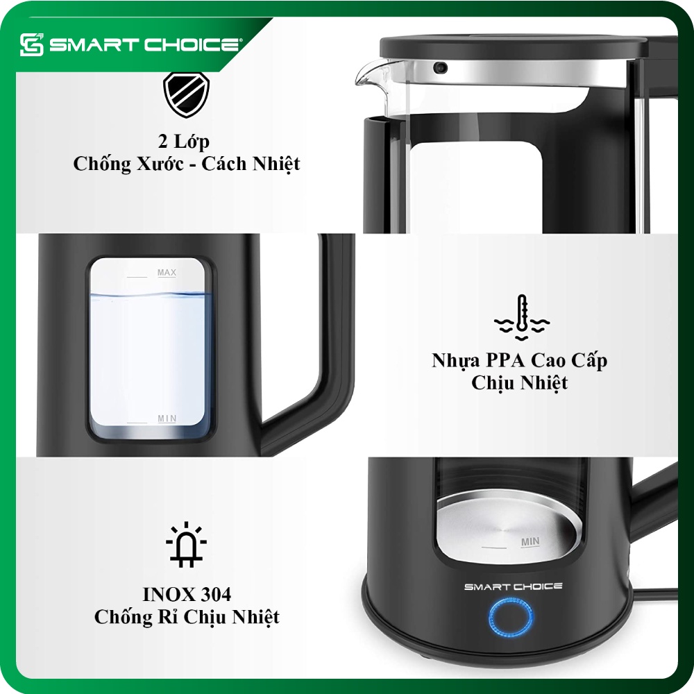 Ấm Siêu Tốc SMARTCHOICE 1.7L, Ấm Đun Nước Inox 304 - Bảo Hành 12 Tháng SCG-K001
