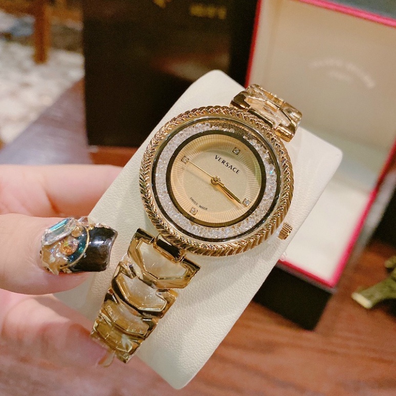 Đồng hồ thời trang nữ đeo tay VERSACE dây thép không gỉ mạ vàng mặt đính đá cao cấp chống nước chống xước