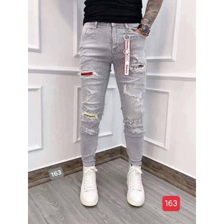 Quần jean nam, quần bò nam dài màu xám rách gối thêu chữ bó chân đẹp cao cấp jn163