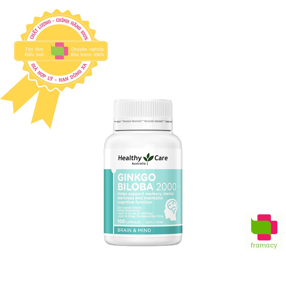 Viên uống bổ não Healthy Care Ginkgo Biloba 2000 mg, Úc (100 viên) tăng tuần hoàn máu não, cải thiện nhận thức, trí nhớ