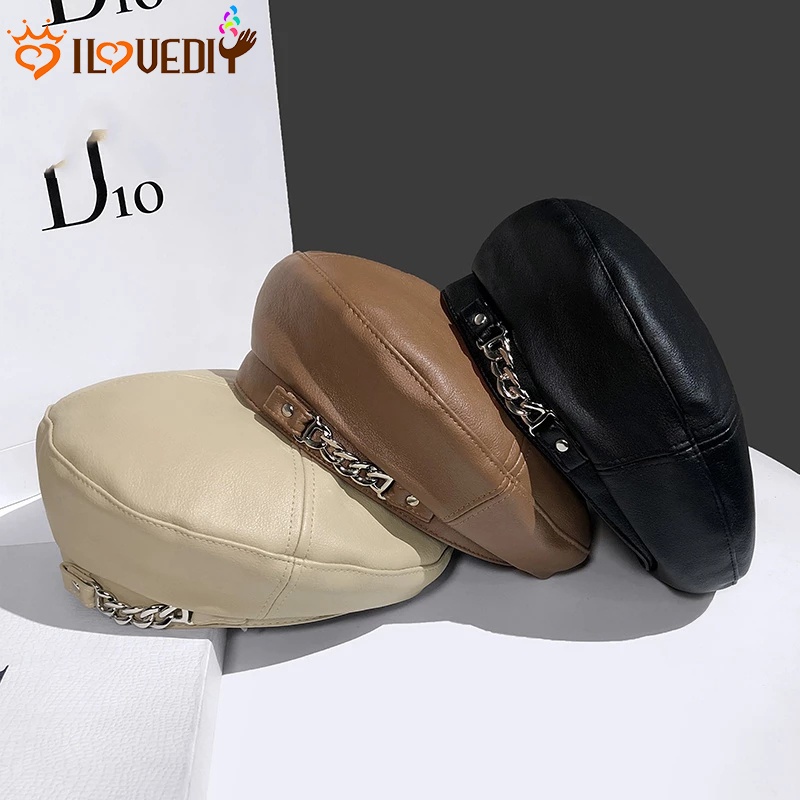 Mũ beret màu trơn phối dây xích kim loại phong cách vintage thanh lịch cho nữ