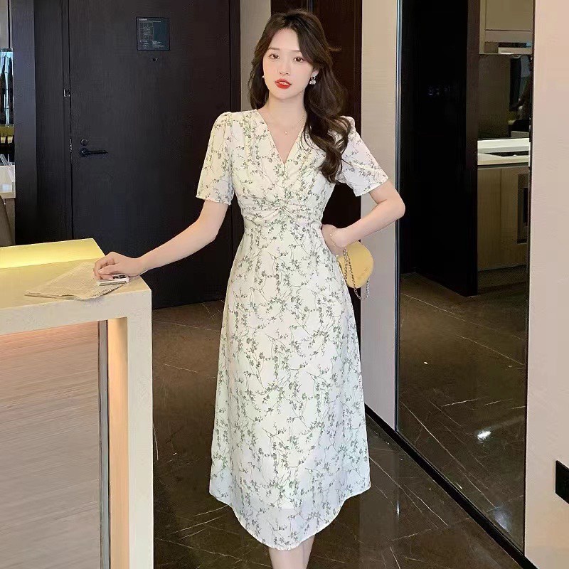 Váy đầm cổ V hoa nhí ly ngực bo eo dáng dài thanh lịch phong cách Hàn Quốc MS65561