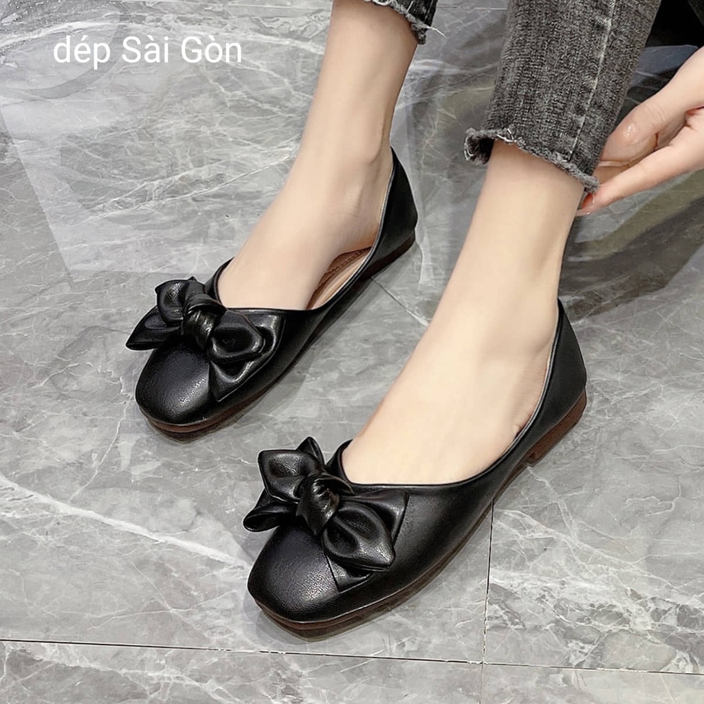 Giày Bệt Nữ Đế Bằng Đính Nơ Mũi vuông Xinh Xắn Mang Êm Chân.