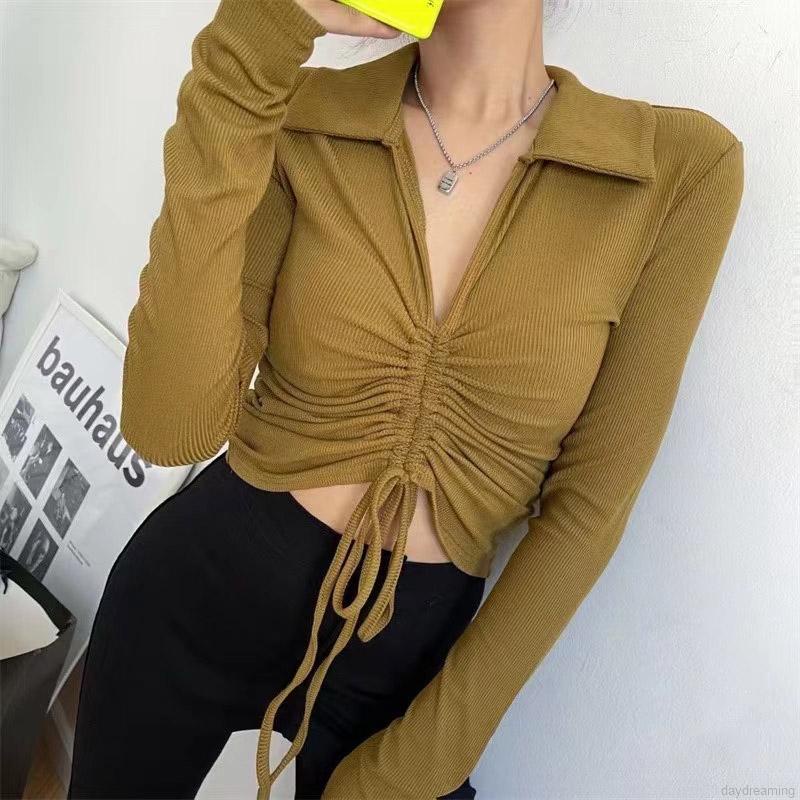 Áo croptop dệt kim tay dài cổ chữ V dây rút thời trang cho nữ