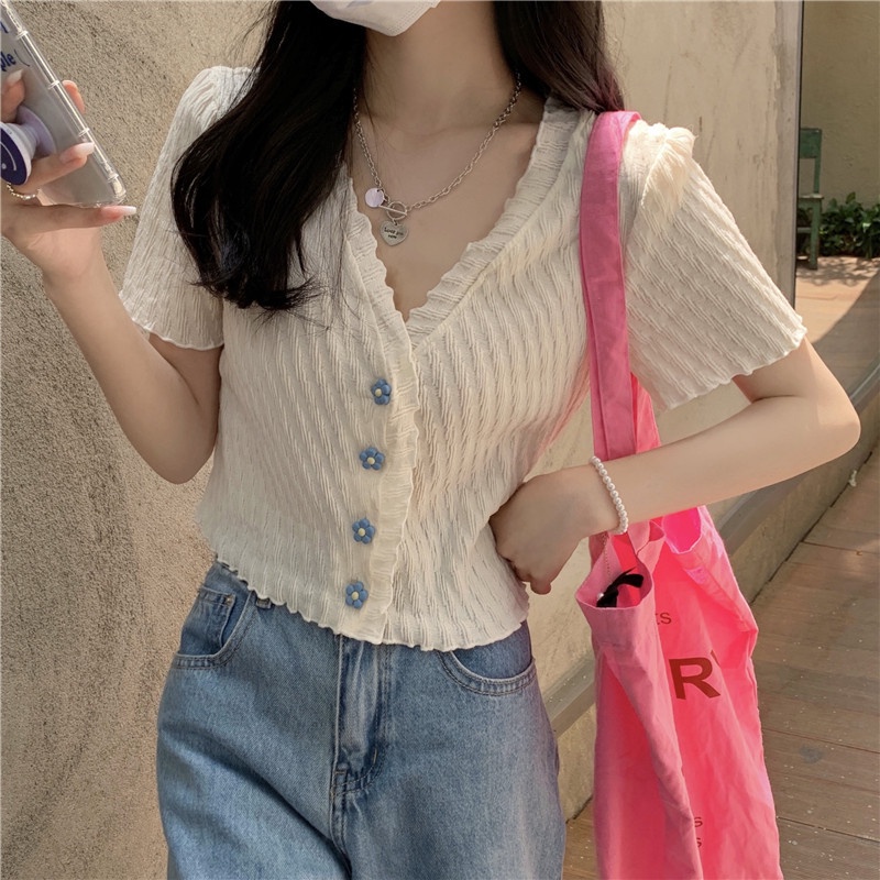 [Hana And Alice] Áo Cardigan Dệt Kim Tay Ngắn Cài Nút Họa Tiết Hoa Nấm Xếp Ly
