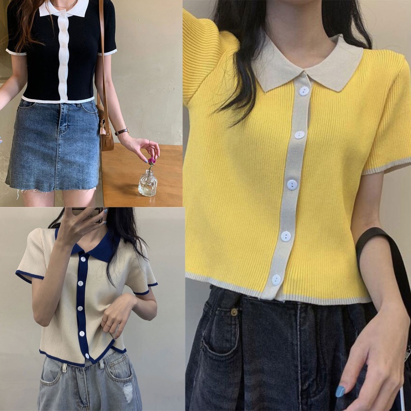 Áo Cardigan Dệt Kim Ngắn Tay Cổ V Cài Nút Màu Sắc Tương Phản Thời Trang Mùa Hè Cho Nữ