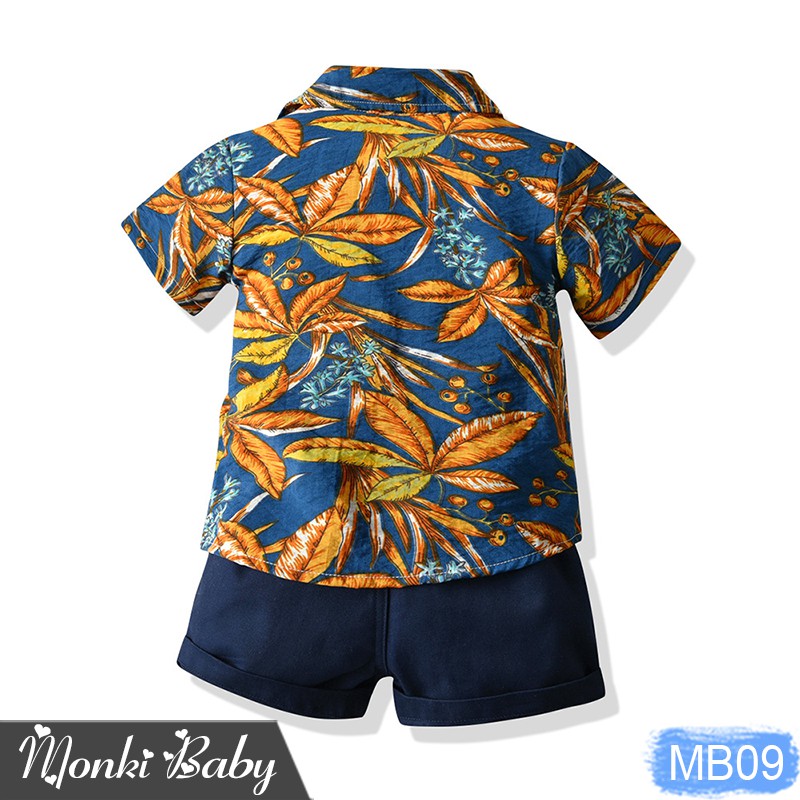 Bộ bé trai đi biển 3 chi tiết cực xinh, áo sơ mi hoa lá + áo thun cotton + quần sooc đùi, bộ đồ Hawaii rực rỡ | MB09