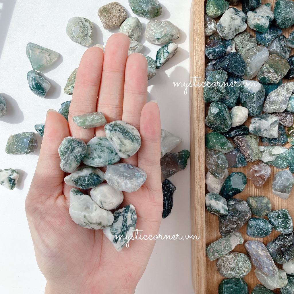 Vụn đá thanh tẩy Mã não Rêu (Moss agate), dùng trong Tarot, Reiki, Thiền Định