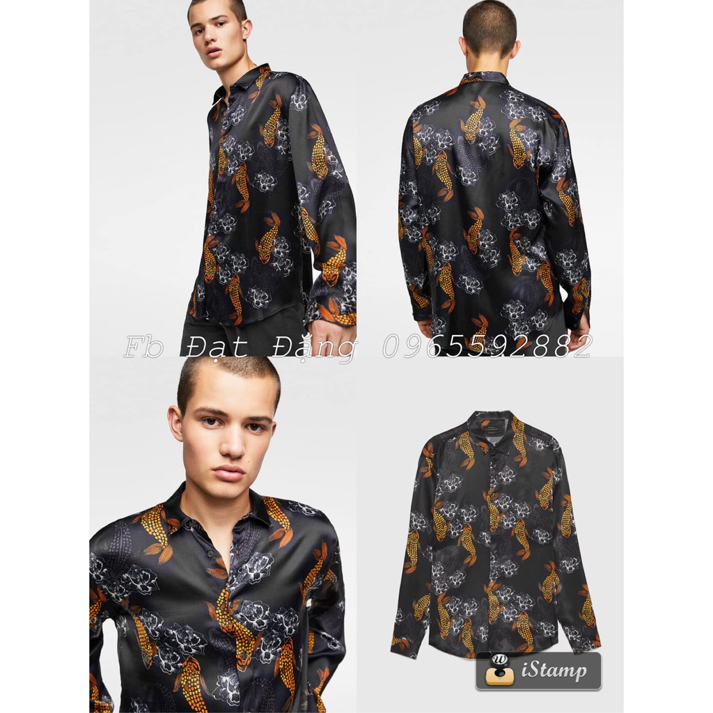 Áo sơ mi sa tanh họa tiết hình con cá Zara size S