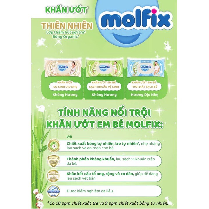 Khăn ướt Molfix thiên nhiên sạch khuẩn dịu nhẹ tươi mát với bông Organic tự nhiên
