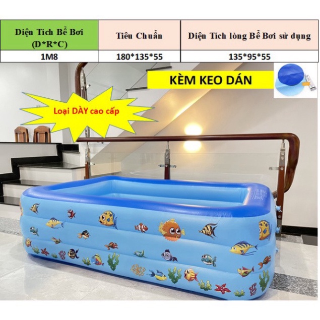 BỂ BƠI PHAO CHO BÉ 1M1 1M3 1M5 1M8 2M1 2M6 3 Tầng màu xanh (Ảnh Thật)