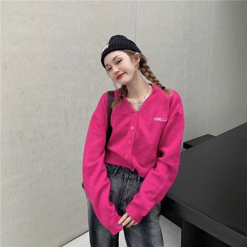 Áo khoác cardigan dệt kim tay dài thêu chữ phong cách Hàn Quốc kiểu mới dành cho bạn nữ