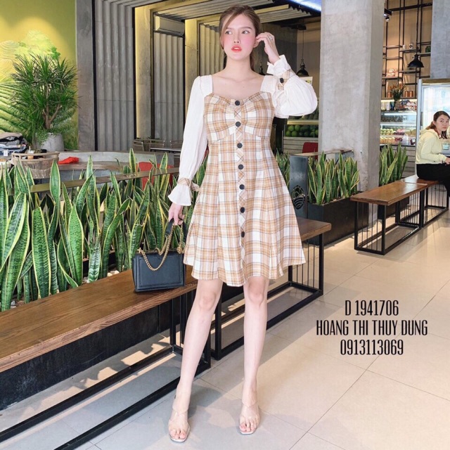 Đầm caro tay phối