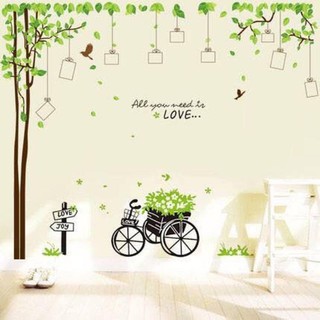 Decal dán tường cây khung ảnh và xe đạp chở hoa