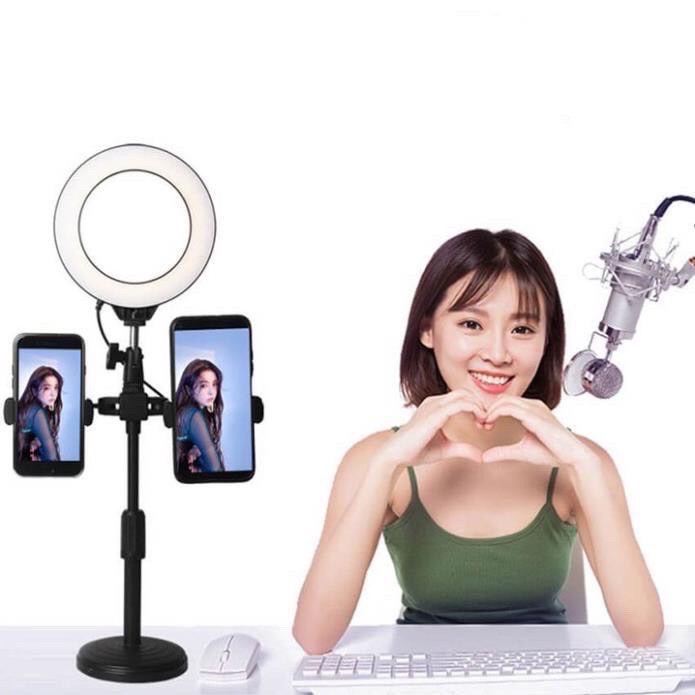 Đèn livestream để bàn 2 kẹp điện thoại cao cấp, vòng led 16cm 3 màu ánh sáng, Đèn livestream bán hàng đa năng