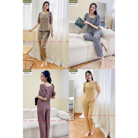 Đồ bộ nữ CARDINA 4 màu kẻ chất thô nhật cao cấp áo cổ vuông tay phồng quần dài thoáng mát nhẹ nhàng 2BTH02l