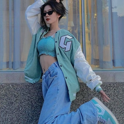 Áo khoác bomber, Varsity Jacket Gonz Xanh Mint Form rộng,nhung tăm