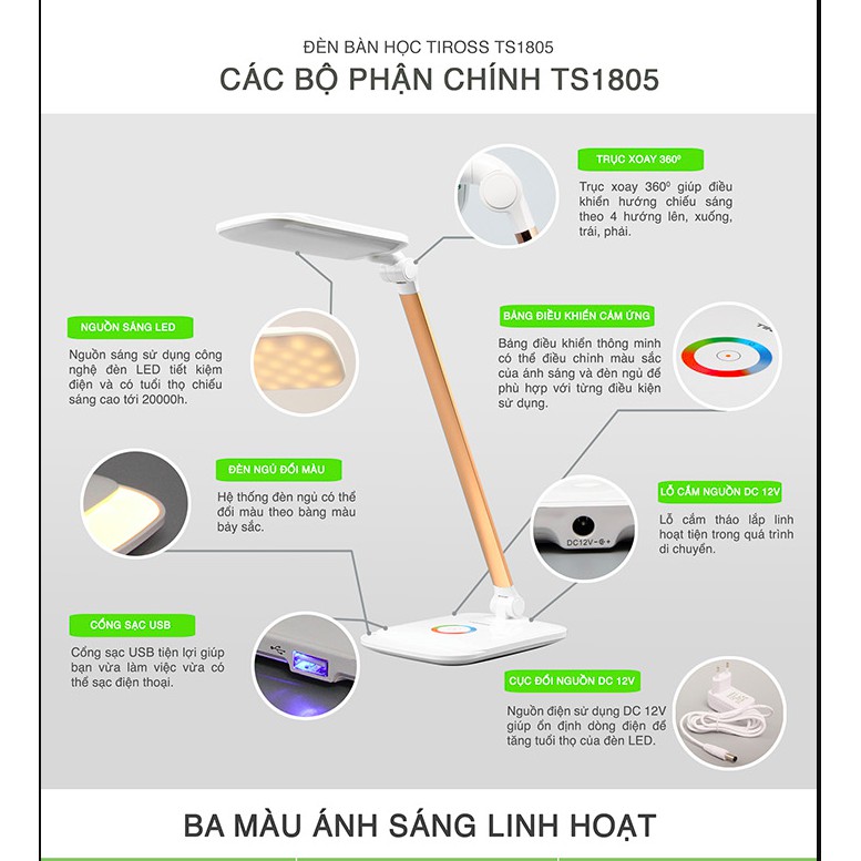 Đèn Bàn LED Chống Cận Đa Năng Tiross 14W TS1805 - 14W - Màu Gold