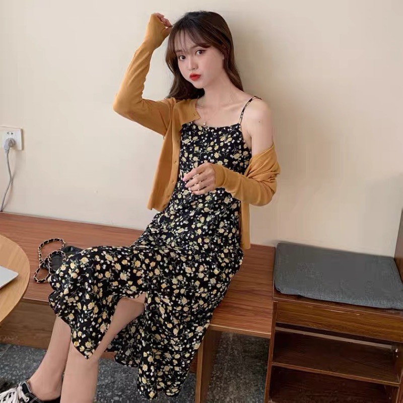 [ Order taobao] Váy dây hoa nhí dáng dài vintage xẻ, áo khoác mỏng style Hàn Quốc ullzang