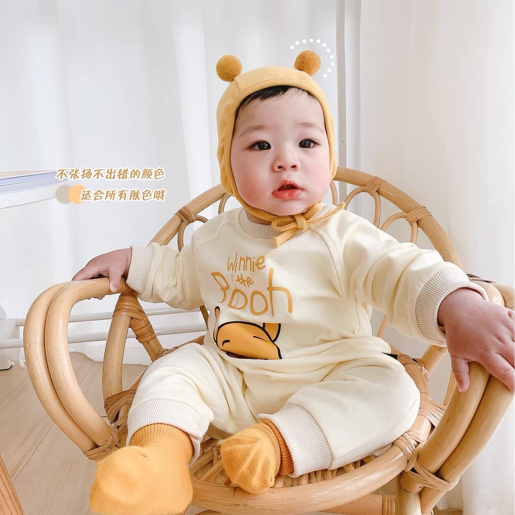 Áo liền quần dài tay + mũ in hoạt hình dễ thương dành cho bé sơ sinh