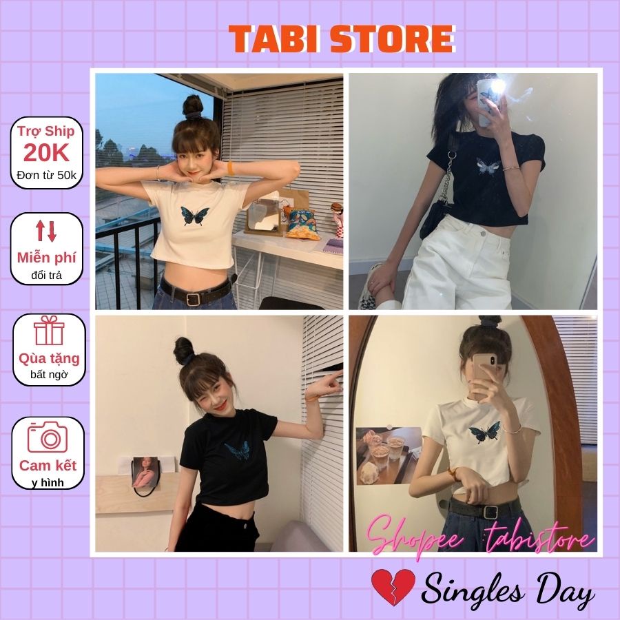 [Mã SKAMSALE8 giảm 10% đơn 200K] Áo croptop cộc tay dưới 55kg - Thêu bướm *Bản mới | BigBuy360 - bigbuy360.vn