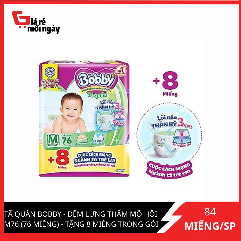 Tã quần Bobby - Đệm Lưng Thấm Mồ Hôi M76 (76 miếng) - Tặng 8 miếng trong gói