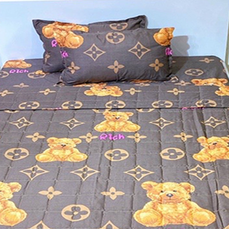 Set ga gối chăn hè chần bông Cotton 5 món EMMIBedding, mẫu Gấu nâu mền cotton họa tiết đáng yêu