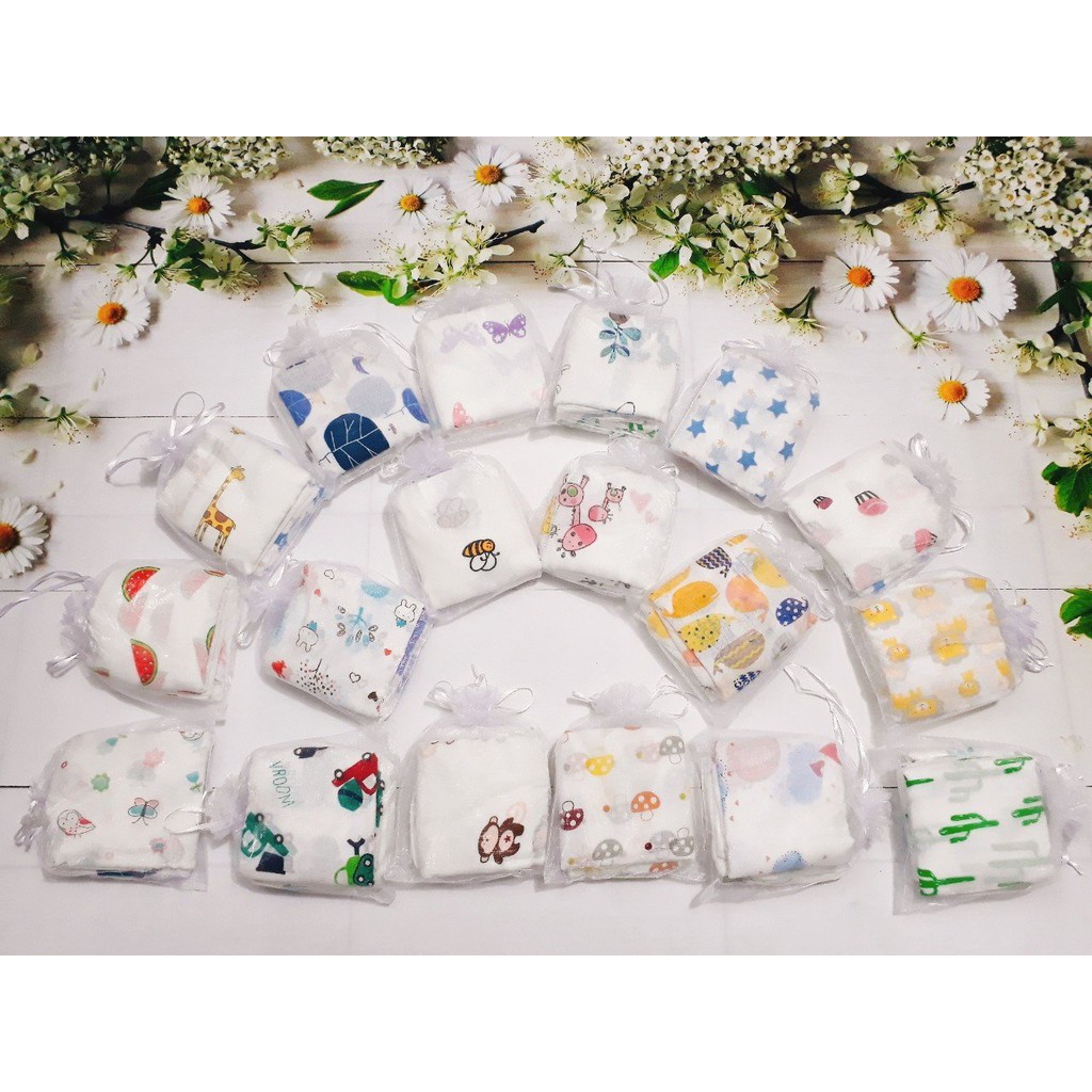 Set quà túi lưới 10 khăn sữa tre aden 2 lớp 30x30cm in hình loại mượt mềm