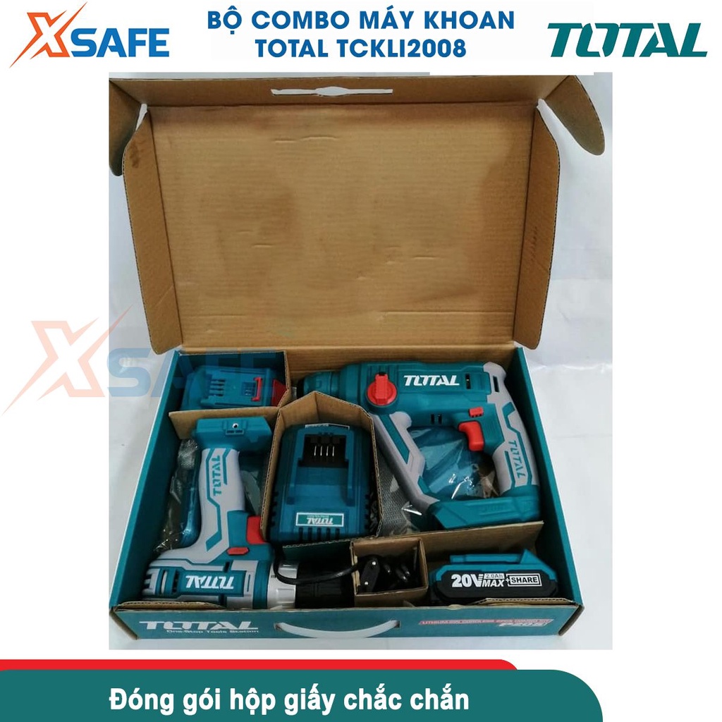 Bộ máy khoan cầm tay TOTAL TCKLI2008 gồm 2 máy khoan pin 20V, kèm 2 pin 2.0Ah 1 sạc, dùng khoan đục gỗ, bê tông,kim loại