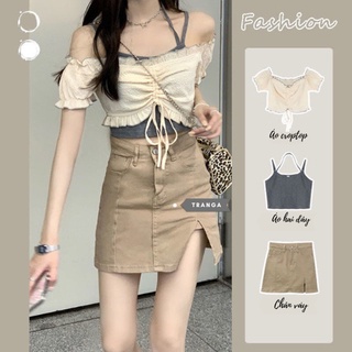 Set áo croptop rút dây và chân váy ngắn xẻ tà ulzzang Hàn Quốc