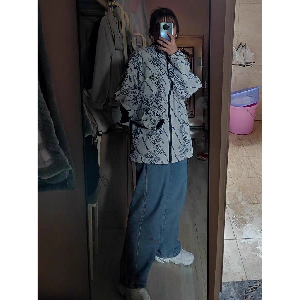 Áo khoác cổ đứng dáng rộng in họa tiết mặc được hai mặt phong cách đại học kiểu Hàn hợp thời trang dành cho nam