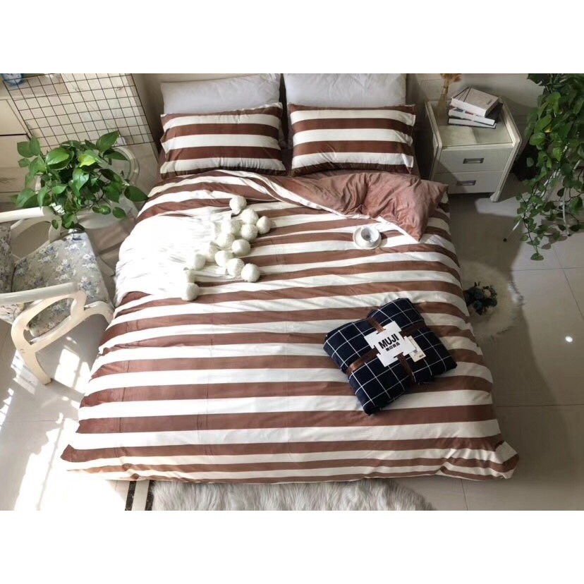 set NỈ MỊN MUJI nhập khẩu HÀN QUỐC bộ 4 món chăn ga gối KẺ NGANG THANH LỊCH