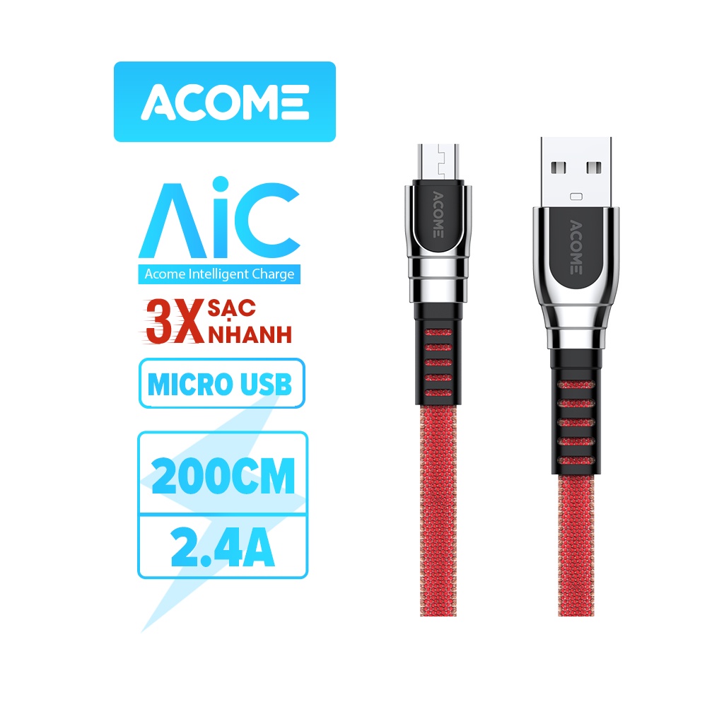 Cáp Sạc Nhanh ACOME AKC-020 2.4A 3.0A Chất Liệu Dù, Dài 2m
