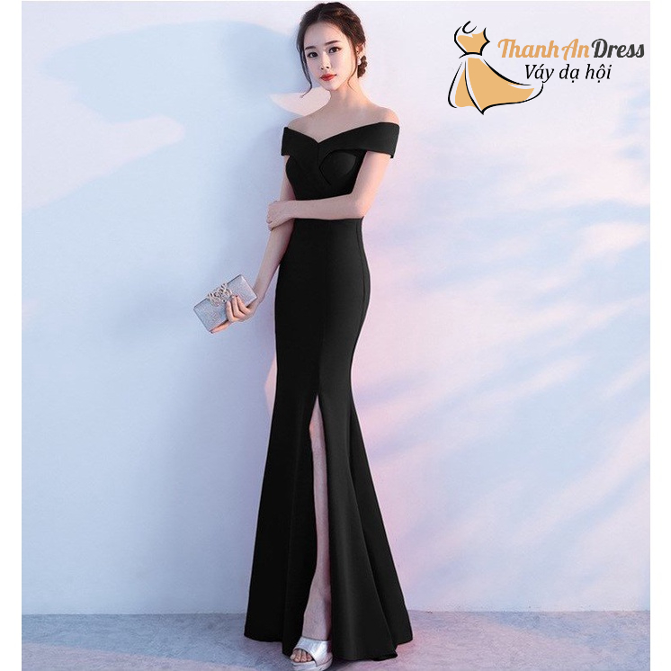 Đầm body dạ hội chất thun xẻ đùi thiết kế trễ vai