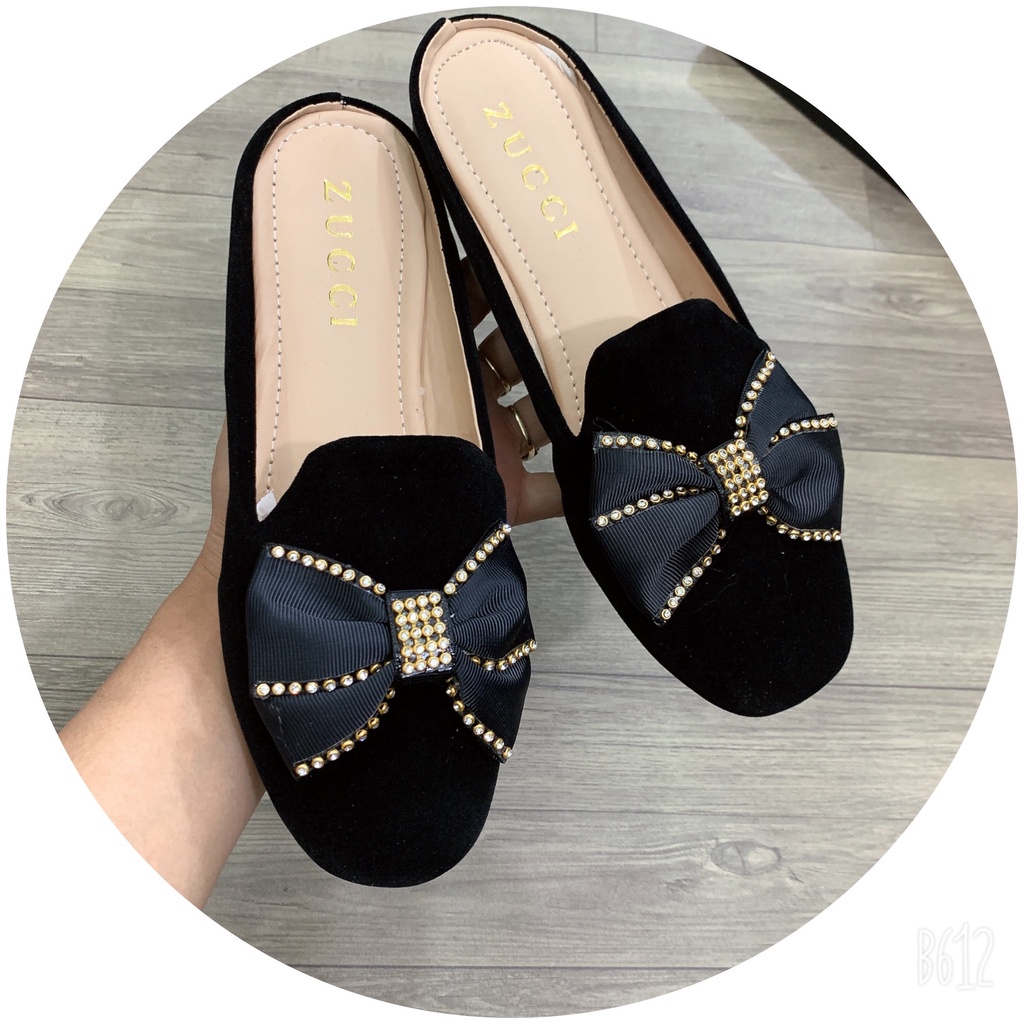 dép sục nữ mũi vuông đinh nơ viền mã HT3