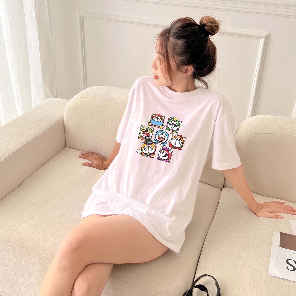 Áo thun unisex hoạt hình DORAEMON 100% cotton oversize tay lỡ form rộng
