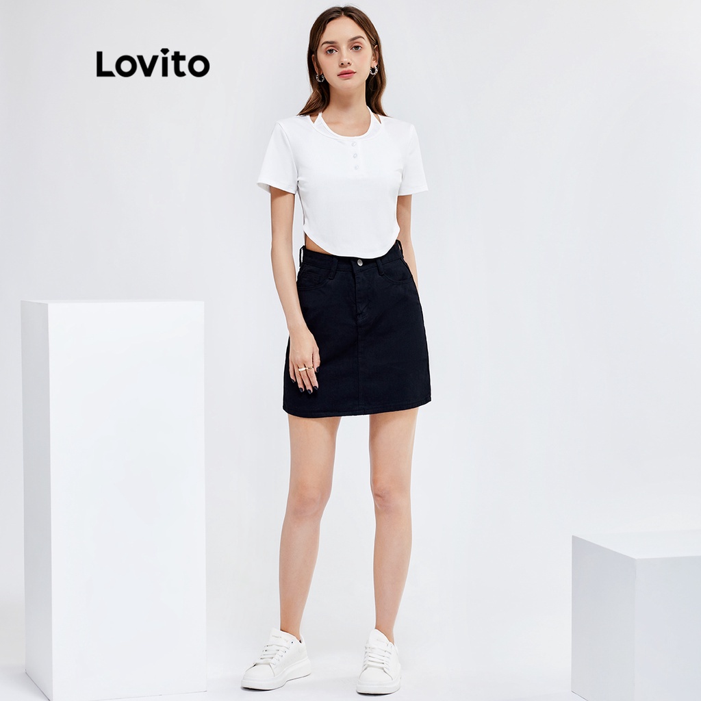 Áo thun Lovito cổ bẻ cài dây kéo vải kết cấu phong cách thường ngày L25AD006 (màu trắng)