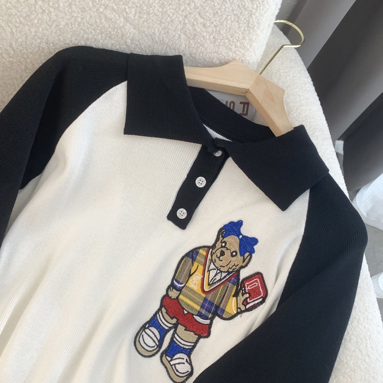 Áo sweater Cổ polo Thêu Hình Gấu Mới Phong Cách Mùa Thu Cho Nữ