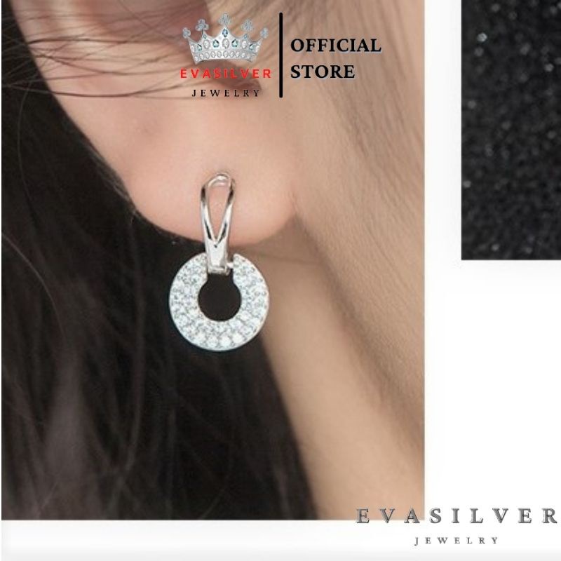 Bông tai bạc hình tròn to đính đá, chất liệu bạc ta sang trọng - Trang sức bạc Evasilver
