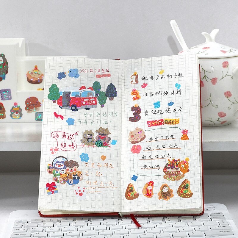 Sticker gấu cán nhũ lấp lánh trang trí sổ, toploader