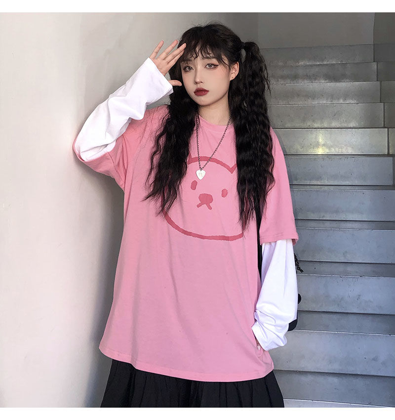 Áo Thun Tay Dài Giả Hai Lớp In Hình Gấu Phong Cách Hàn Quốc Thời Trang Mùa Thu 2020 Cho Nữ